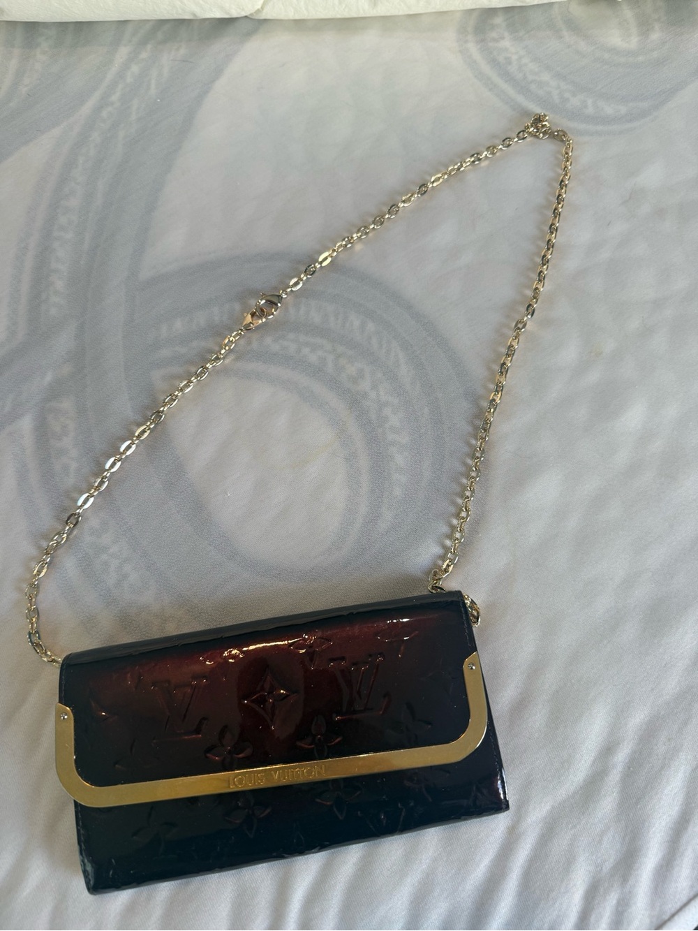 Louis Vuitton Dark Burgundy Patent Crossbody Wallet with Gold Chain